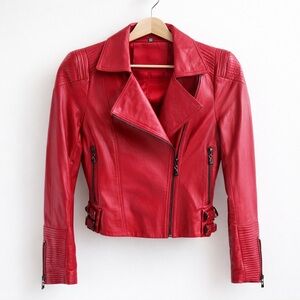 🔥 Red Genuine Leather Moto Jacket - 100% Sheepskin